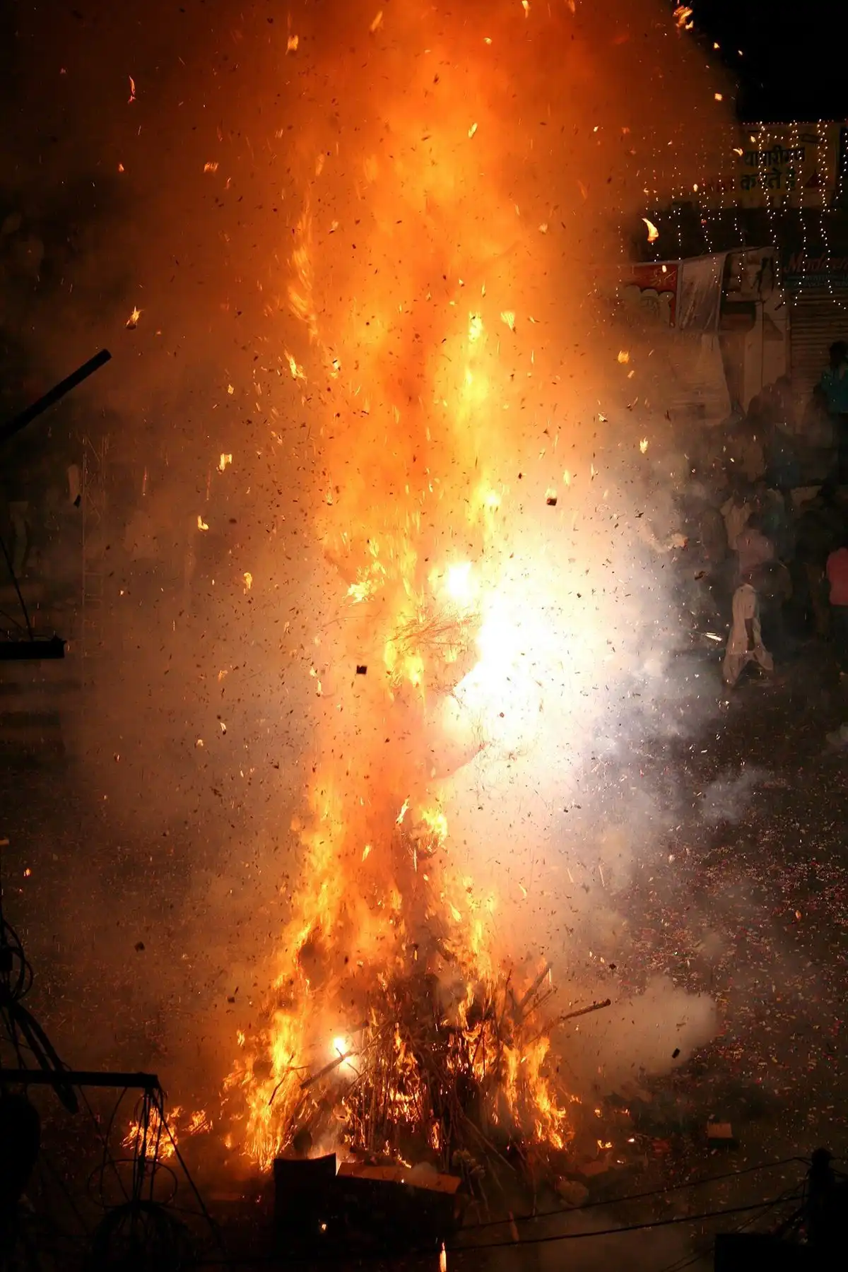 The Holika Dahan bonfire blazing at night